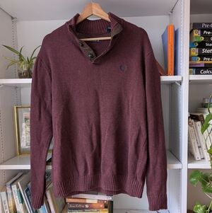Chaps Men's Knit Henley Sweater in Burgundy Red Embroidered Logo Size Large
